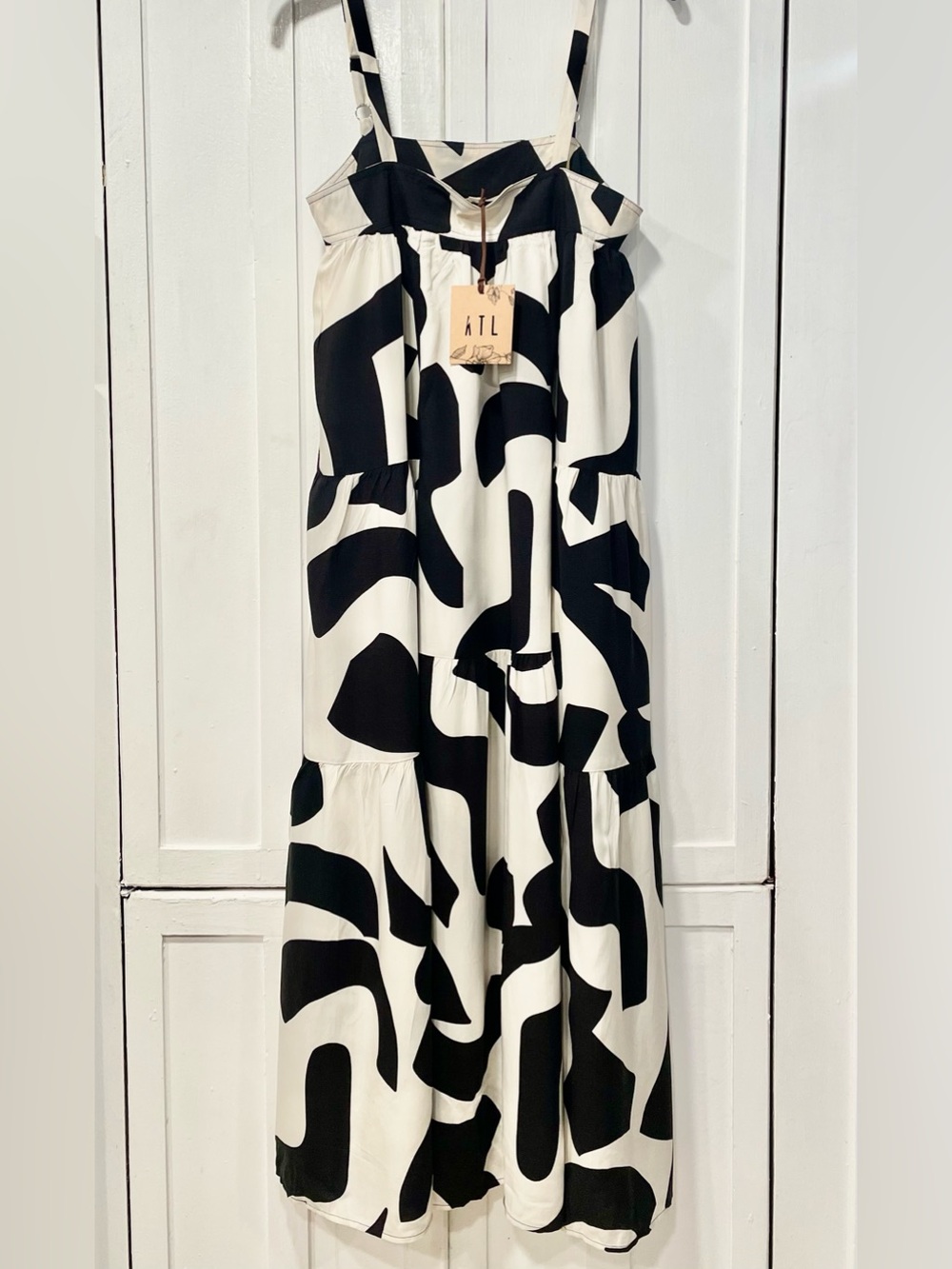 NWT Abel the Label Black & White (Cream) Abstract Tiered Maxi Dress Sz. Small